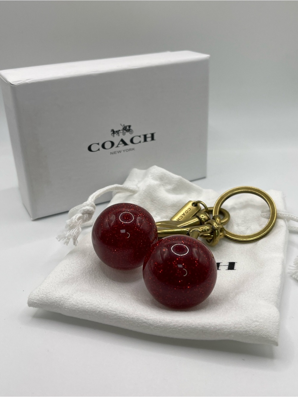 Coach Gold-Tone Cherry Charm Keyring with Red Cherries with Box, Dust Bag